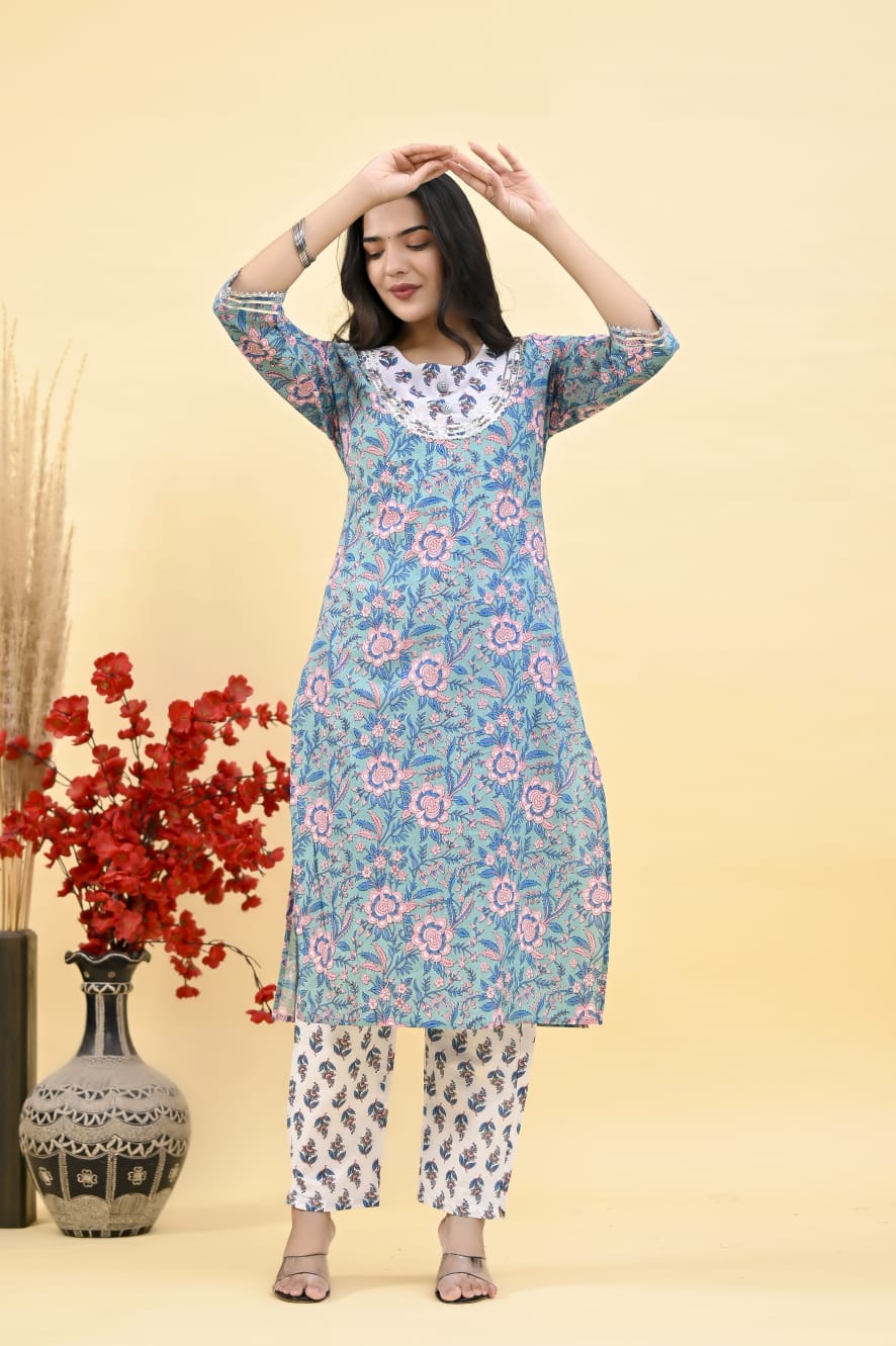 Pure Cotton Blue & White Kurta, Pant Dupatta Set