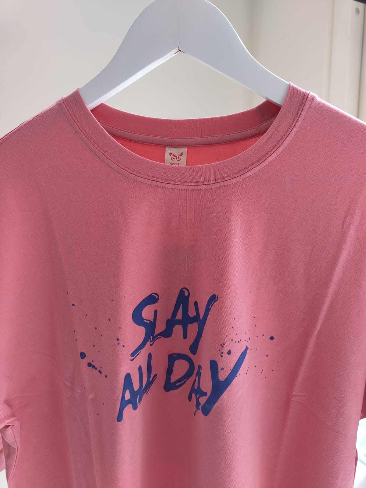 Oversized Drop Shoulder Printed Pink T-shirt