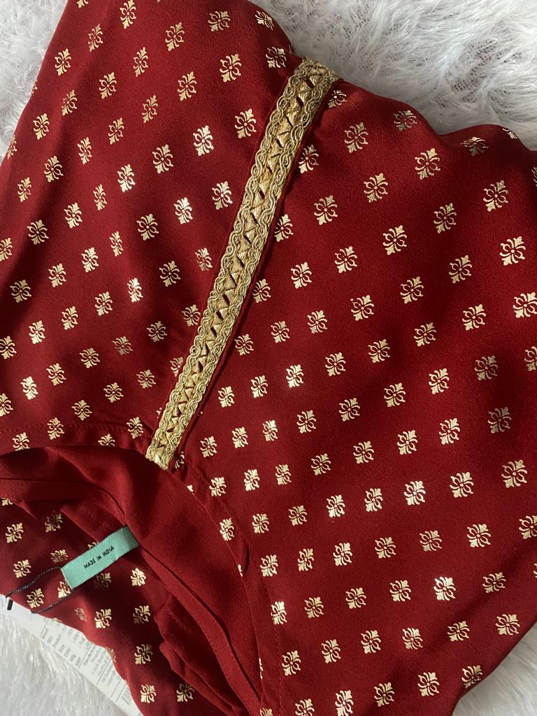 Maroon Foil Print A-line Kurta