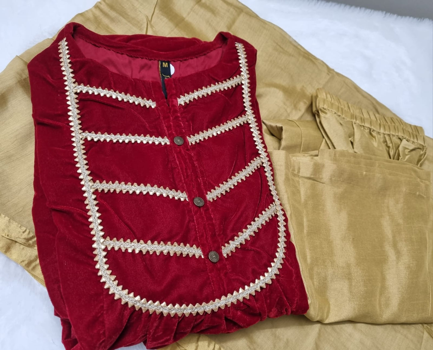 Maroon Velvet Kurta With Palazzo & Dupatta Set