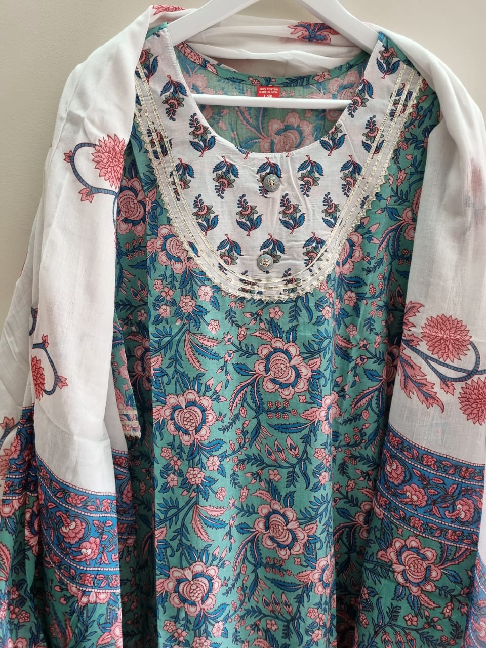 Pure Cotton Blue & White Kurta, Pant Dupatta Set
