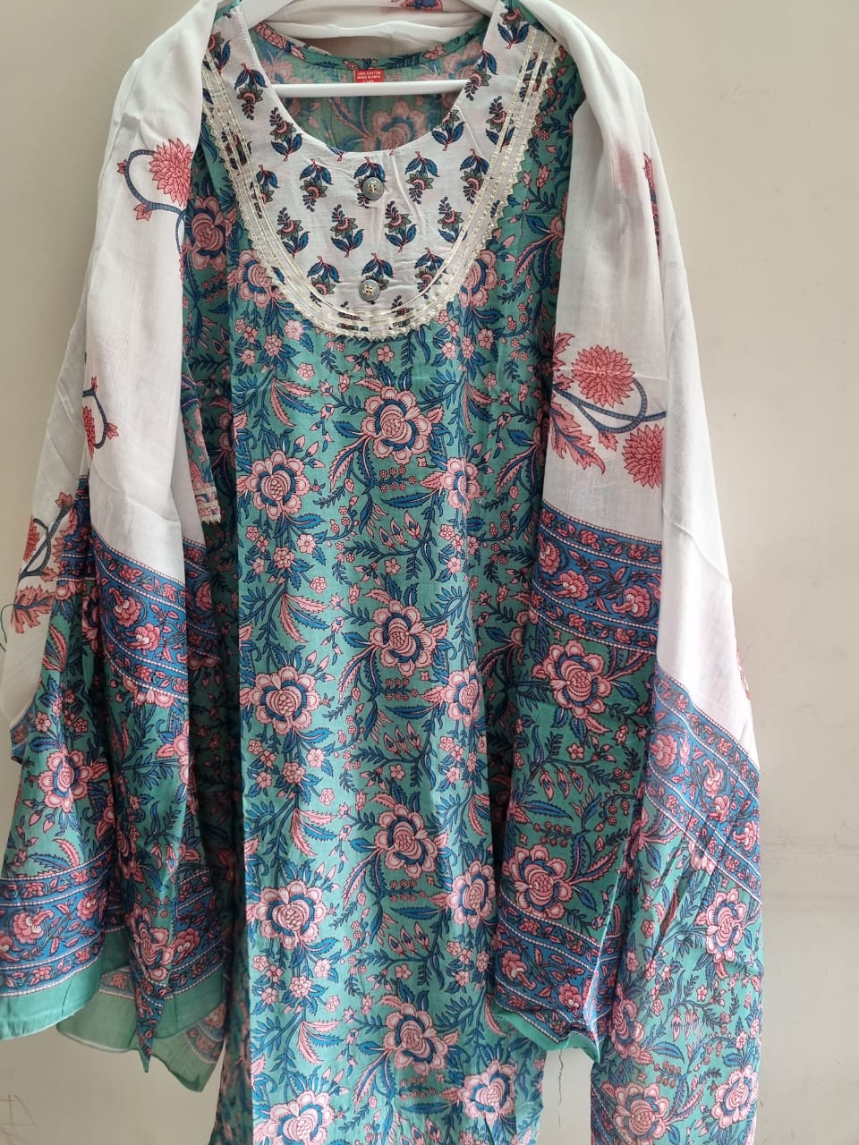 Pure Cotton Blue & White Kurta, Pant Dupatta Set