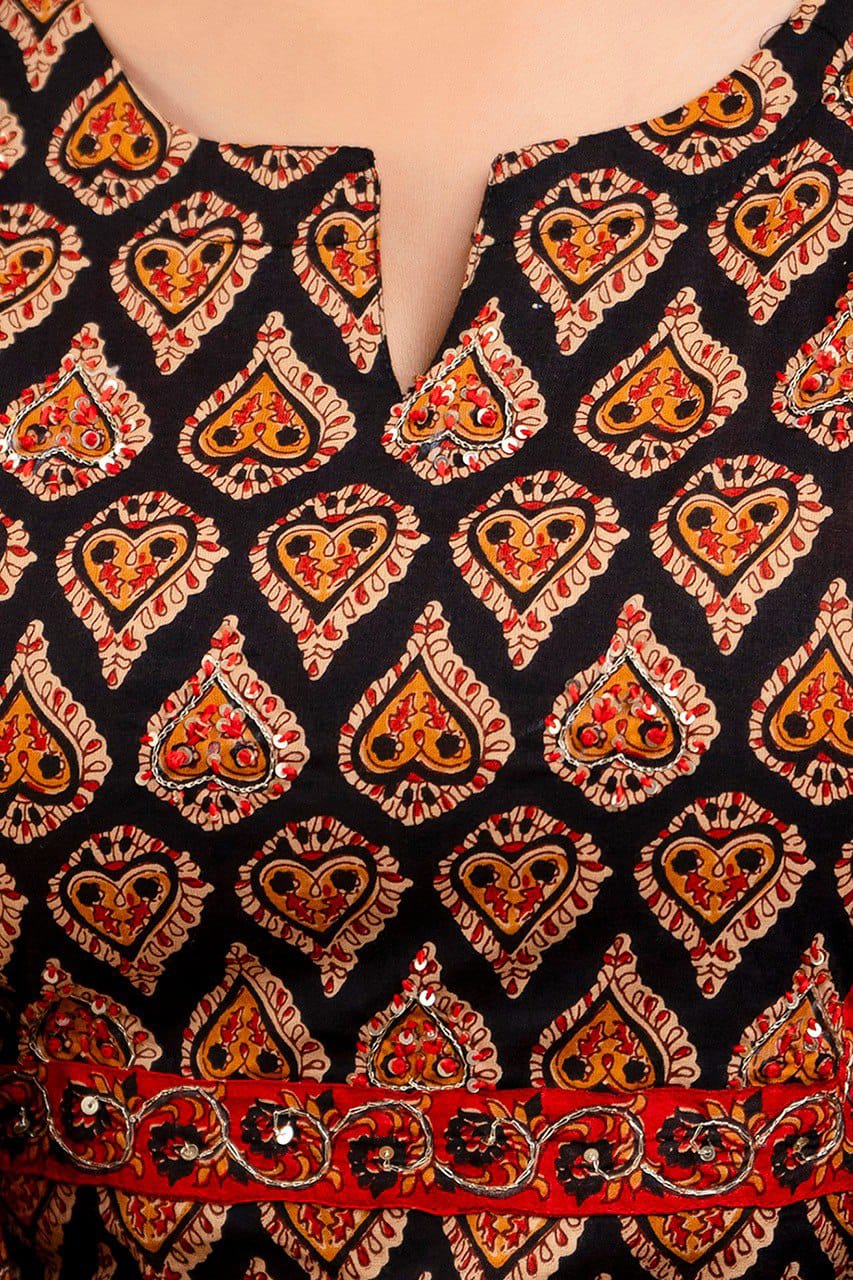 Premium Cotton Kurti Pant Dupatta Set | Kalamkari with Azrak Bagru print