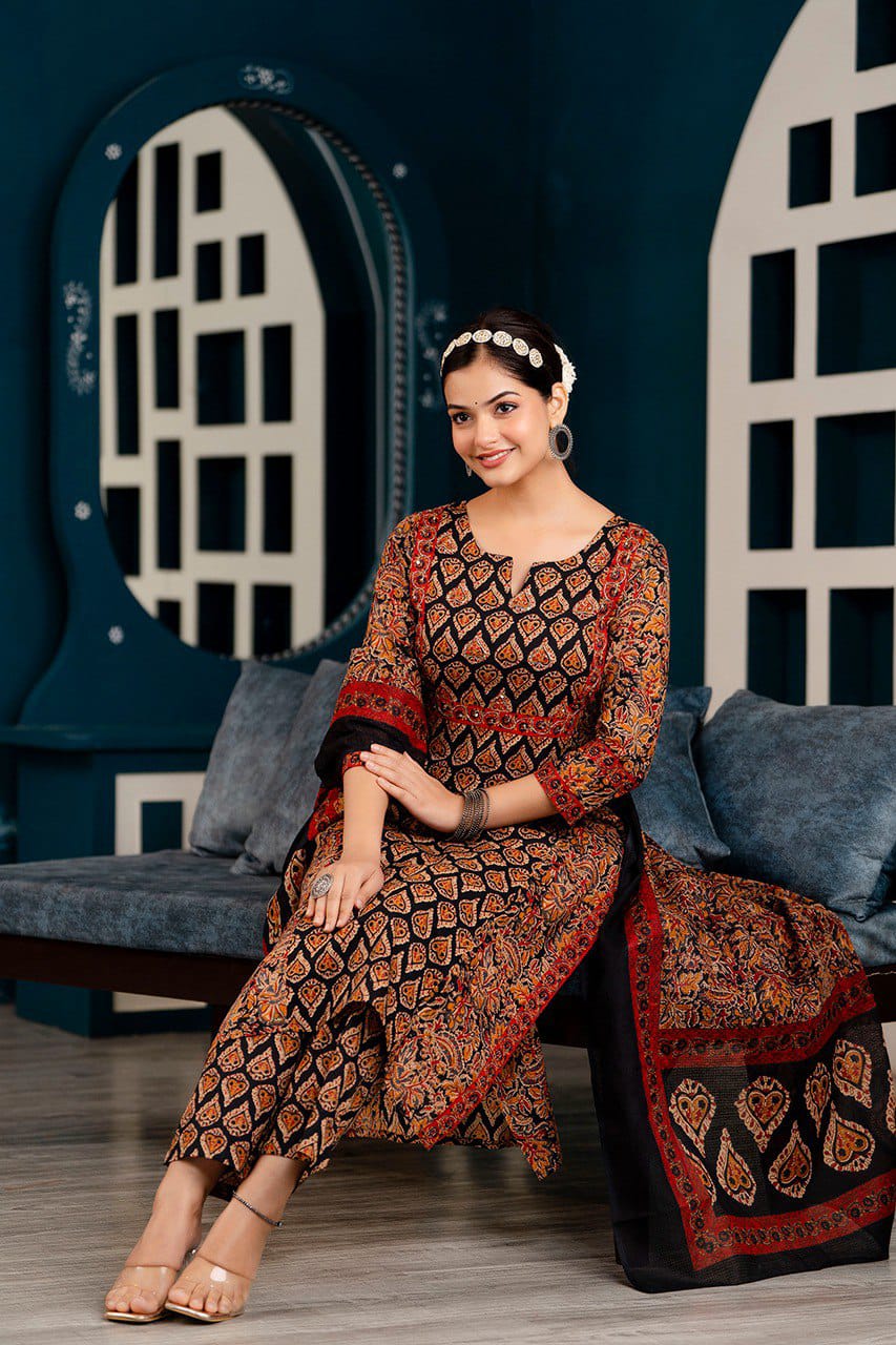 Premium Cotton Kurti Pant Dupatta Set | Kalamkari with Azrak Bagru print