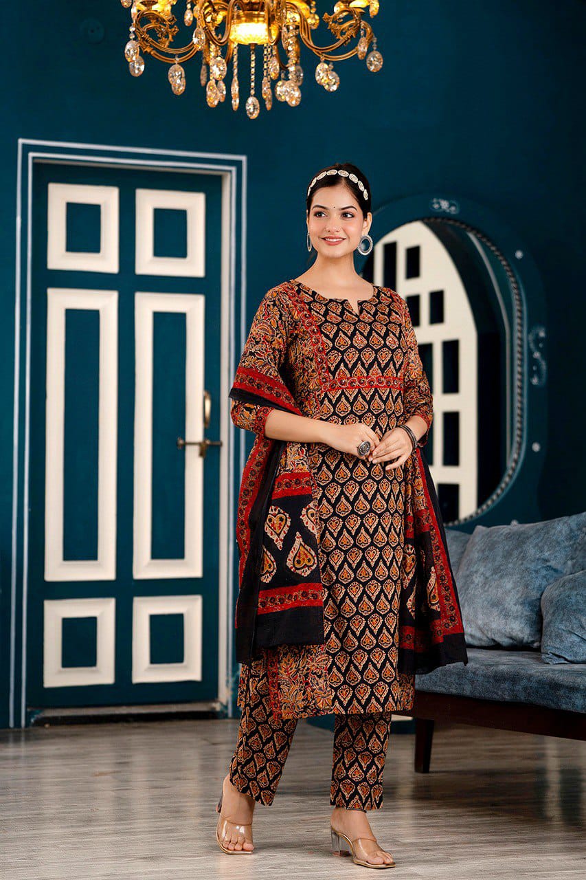 Premium Cotton Kurti Pant Dupatta Set | Kalamkari with Azrak Bagru print
