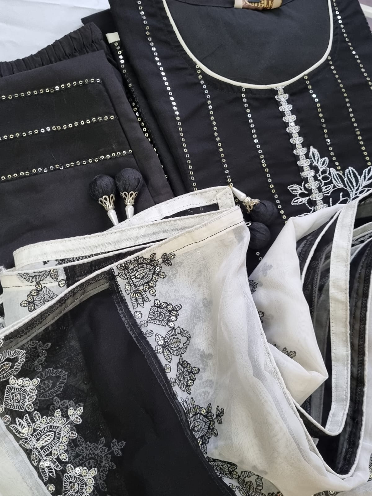 Black Embroidered Heavy Organza Kurta, Pant & Dupatta Set