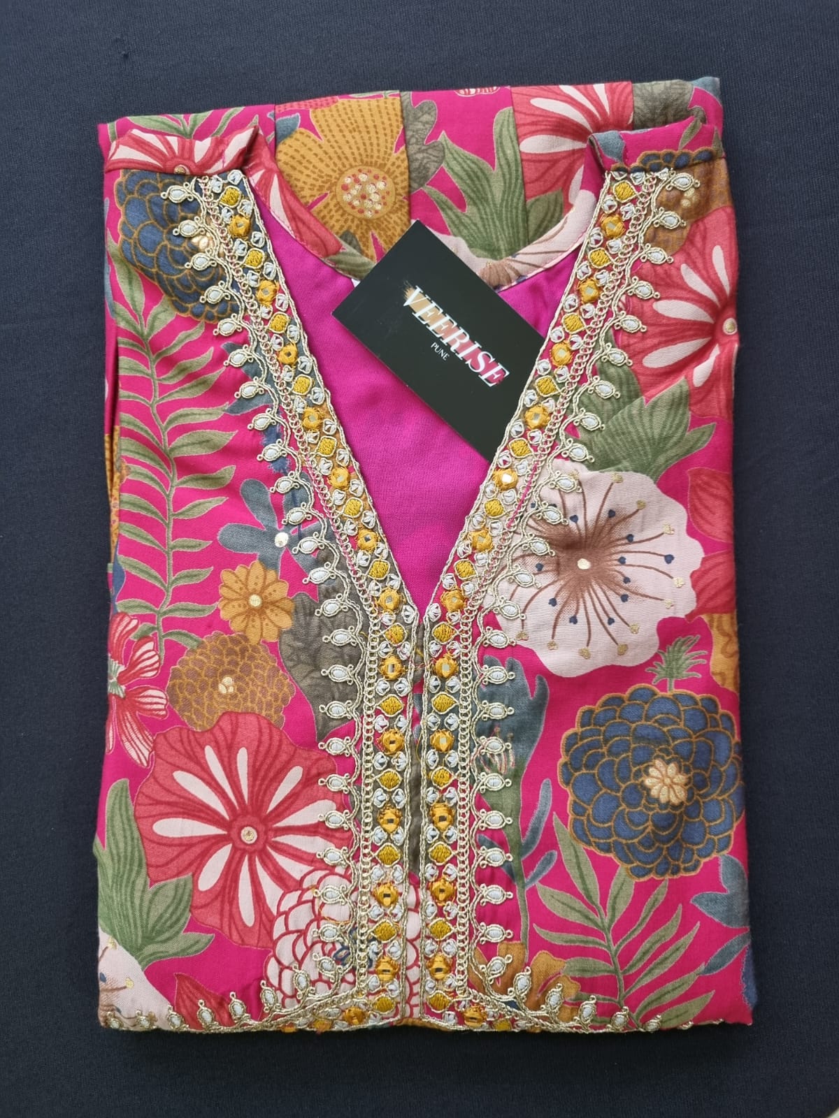 V-Neck Alia Cut Modal Silk, Embroidered Kurti Pant & Dupatta Set