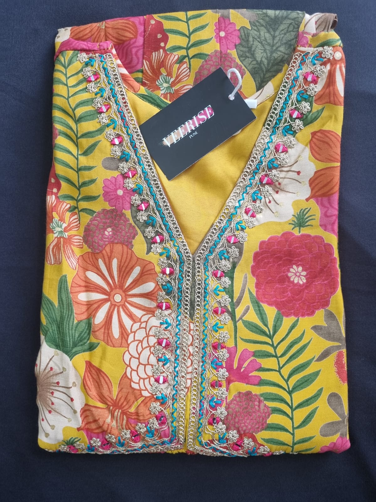 V-Neck Alia Cut Modal Silk, Embroidered Kurti Pant & Dupatta Set in Yellow color