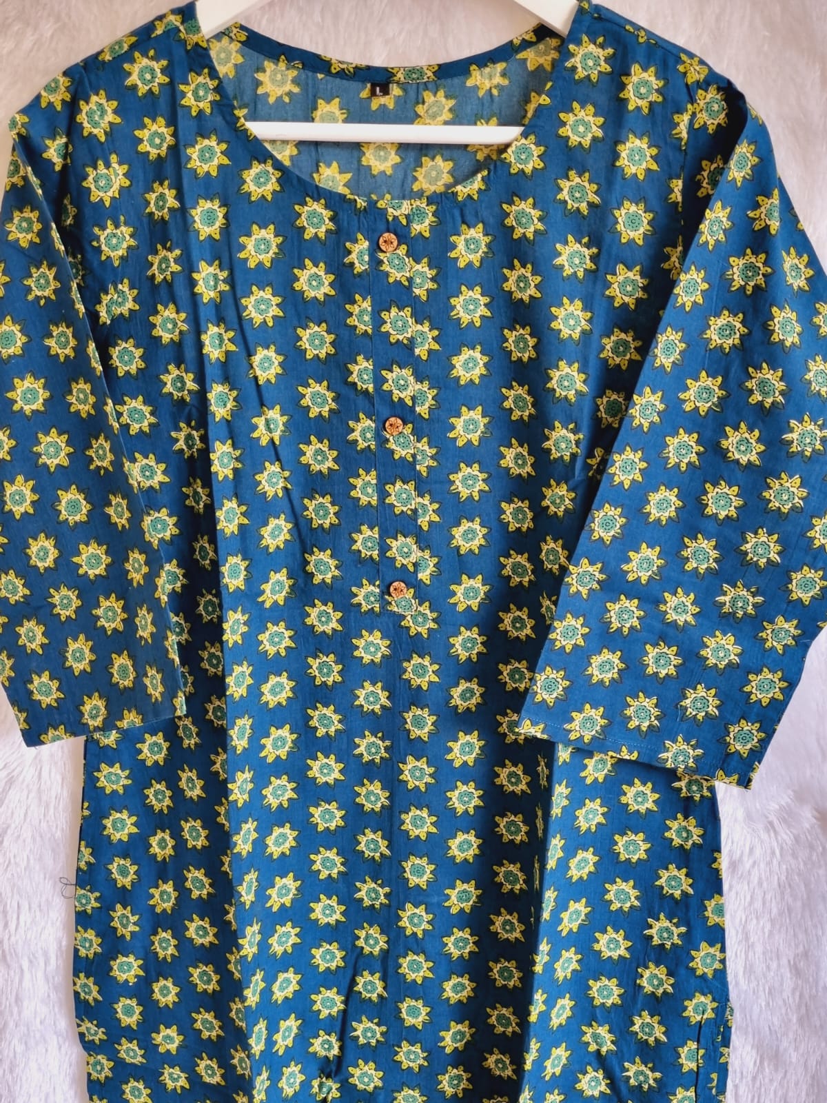 Green Cotton Kurti with Flower Print