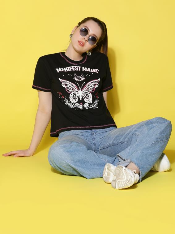 Black Cotton Printed T-shirt