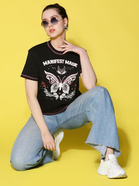 Black Cotton Printed T-shirt