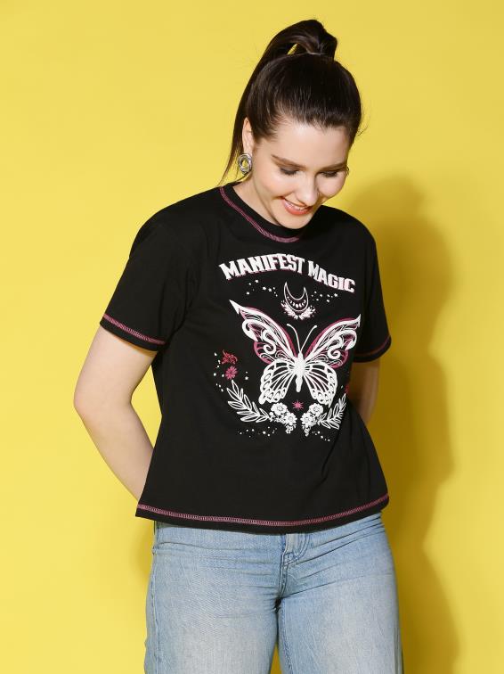 Black Cotton Printed T-shirt