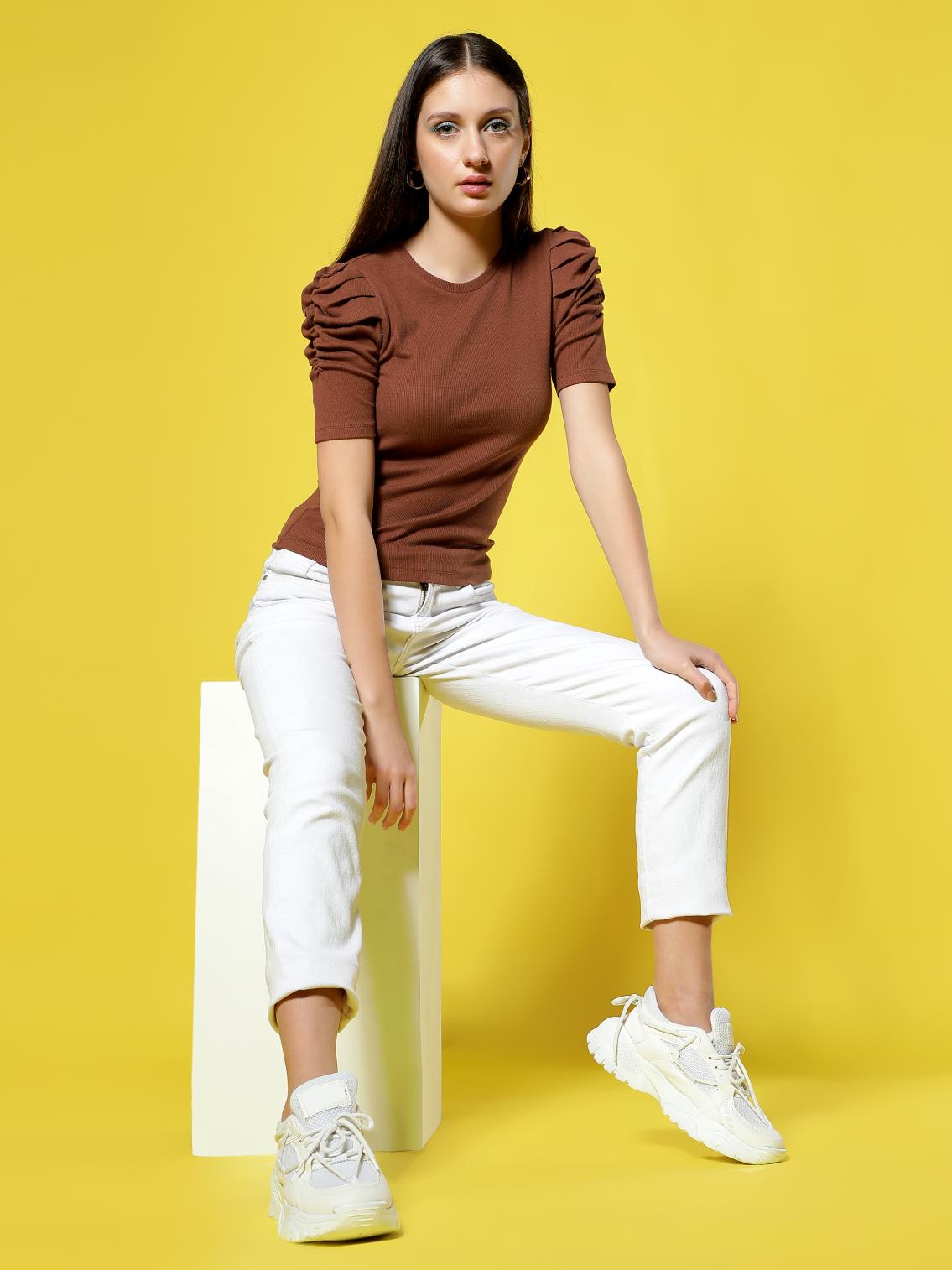 Brown Ribbed Top Stretchable Top