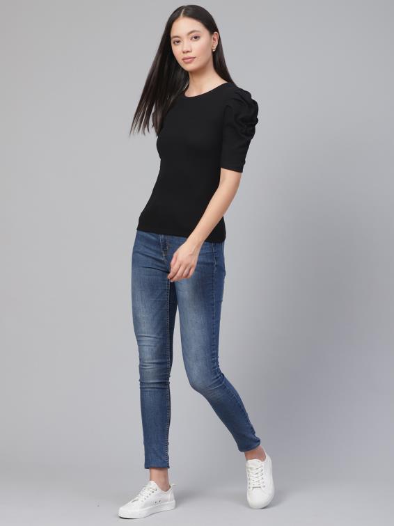 Stretchable Puff Sleeves Black Top
