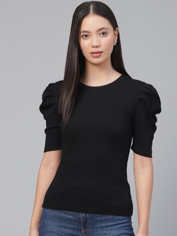 Stretchable Puff Sleeves Black Top