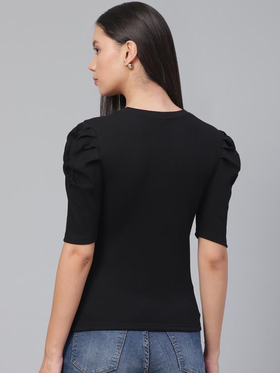 Stretchable Puff Sleeves Black Top