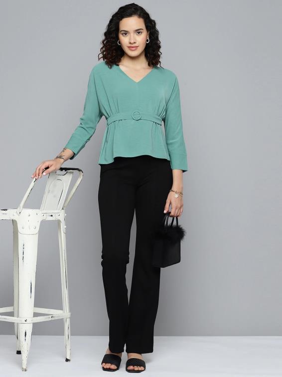 Women V-neck Top with Tie-up Belt