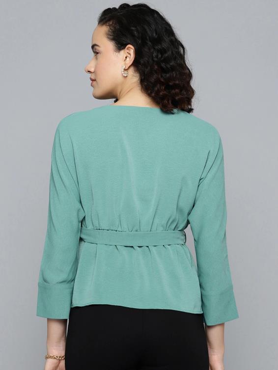 Women V-neck Top with Tie-up Belt