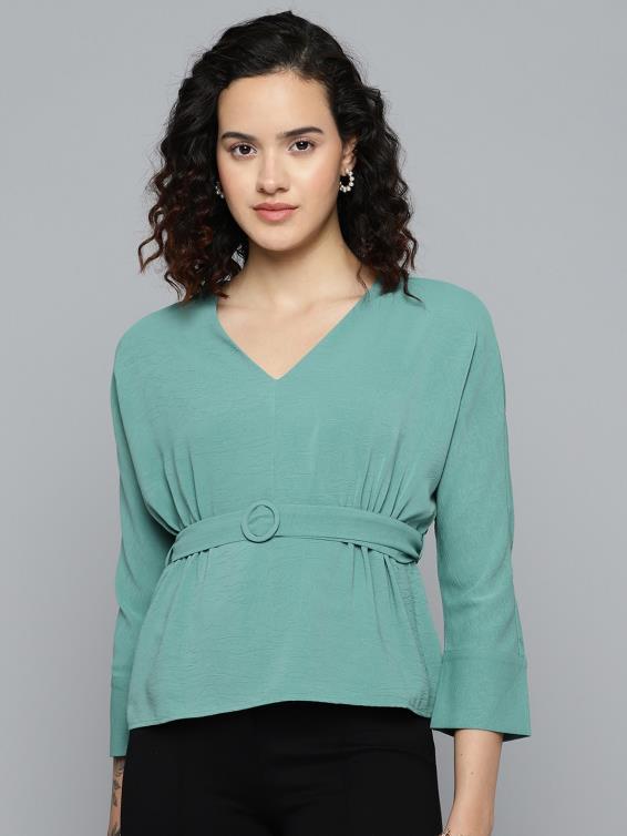 Women V-neck Top with Tie-up Belt
