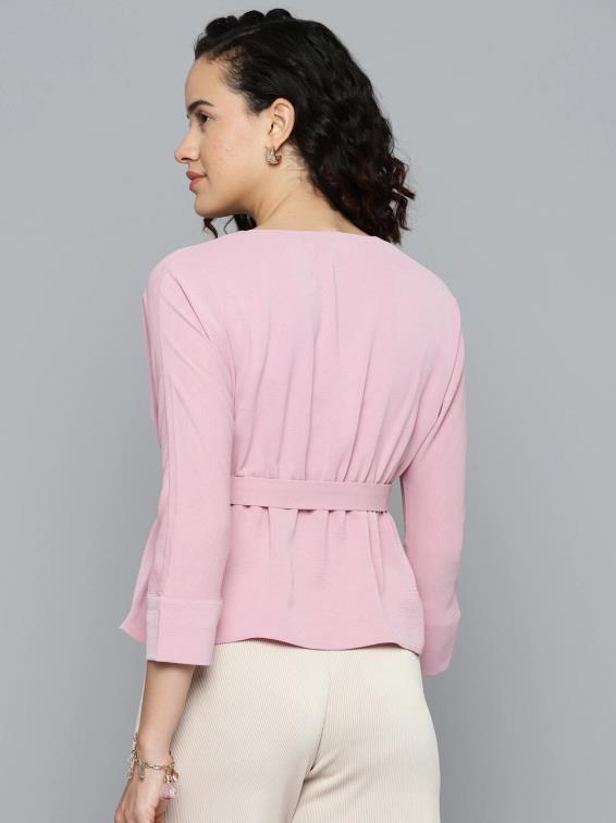 Pink V-neck Top with Tie-up Belt