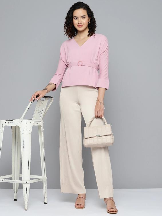 Pink V-neck Top with Tie-up Belt
