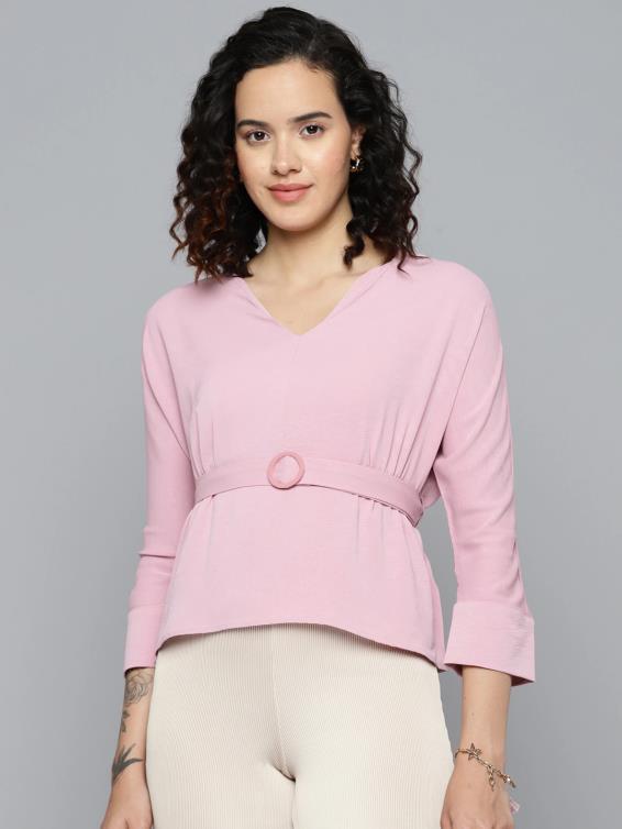 Pink V-neck Top with Tie-up Belt