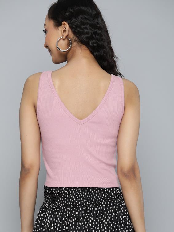 Pink V-neck Sleeveless Ribbed Crop Top