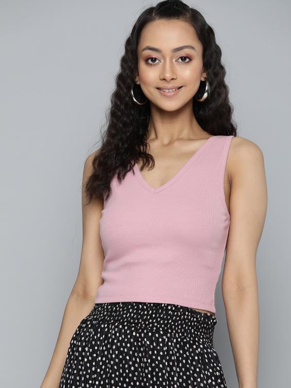 Pink V-neck Sleeveless Ribbed Crop Top