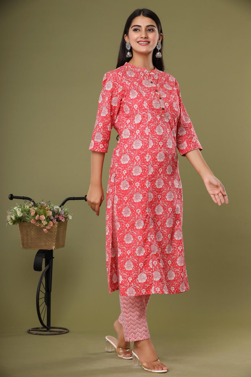 Peach Kurta Pant Set in Pure Cotton