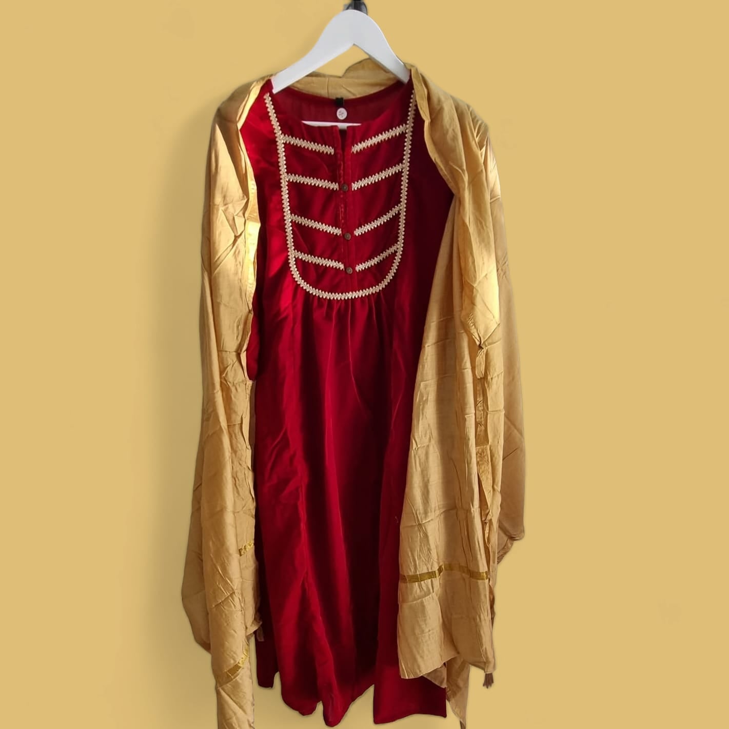 Maroon Velvet Kurta With Palazzo & Dupatta Set