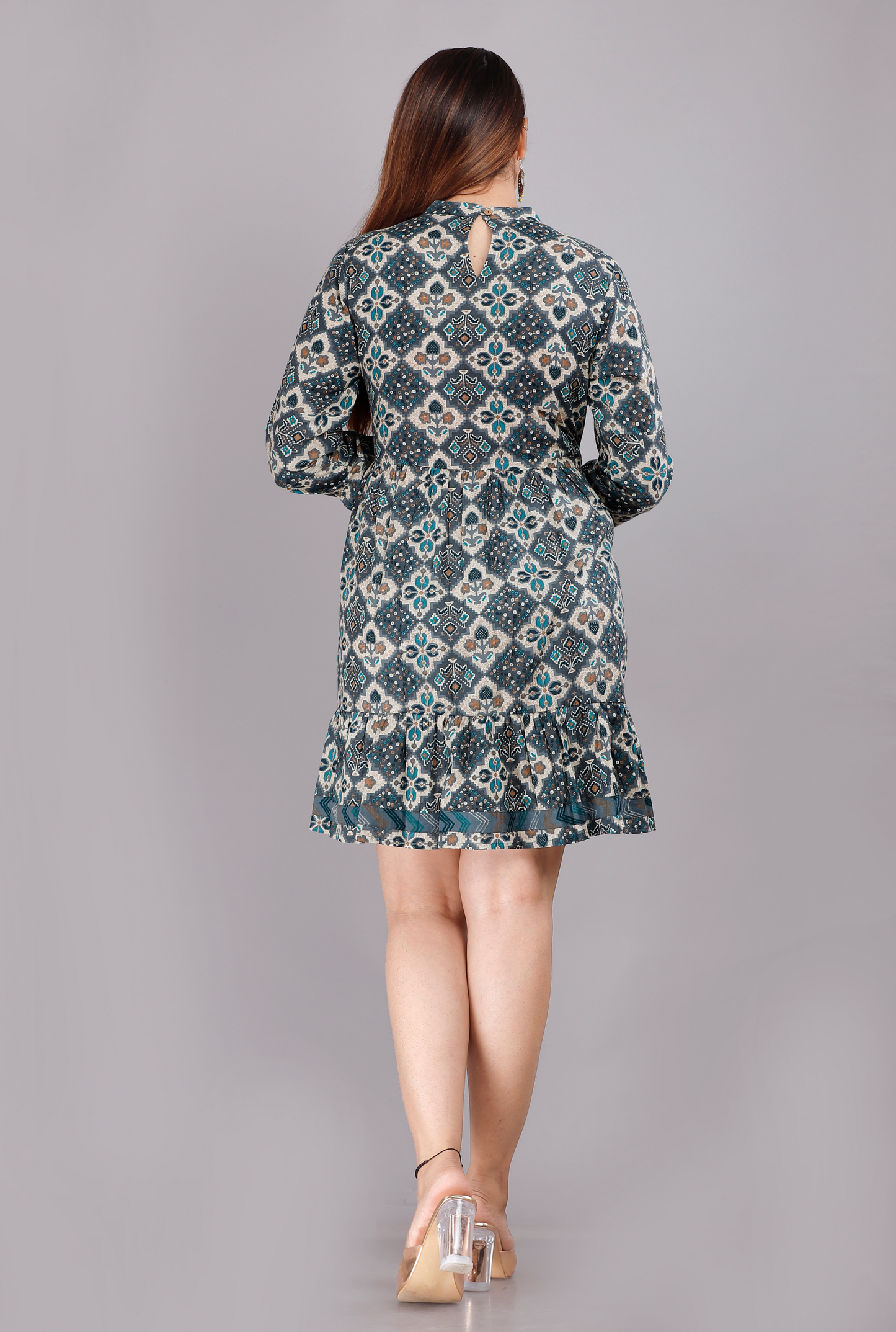 Cotton Turquoise Short Kurti Dress with Full Sleeves