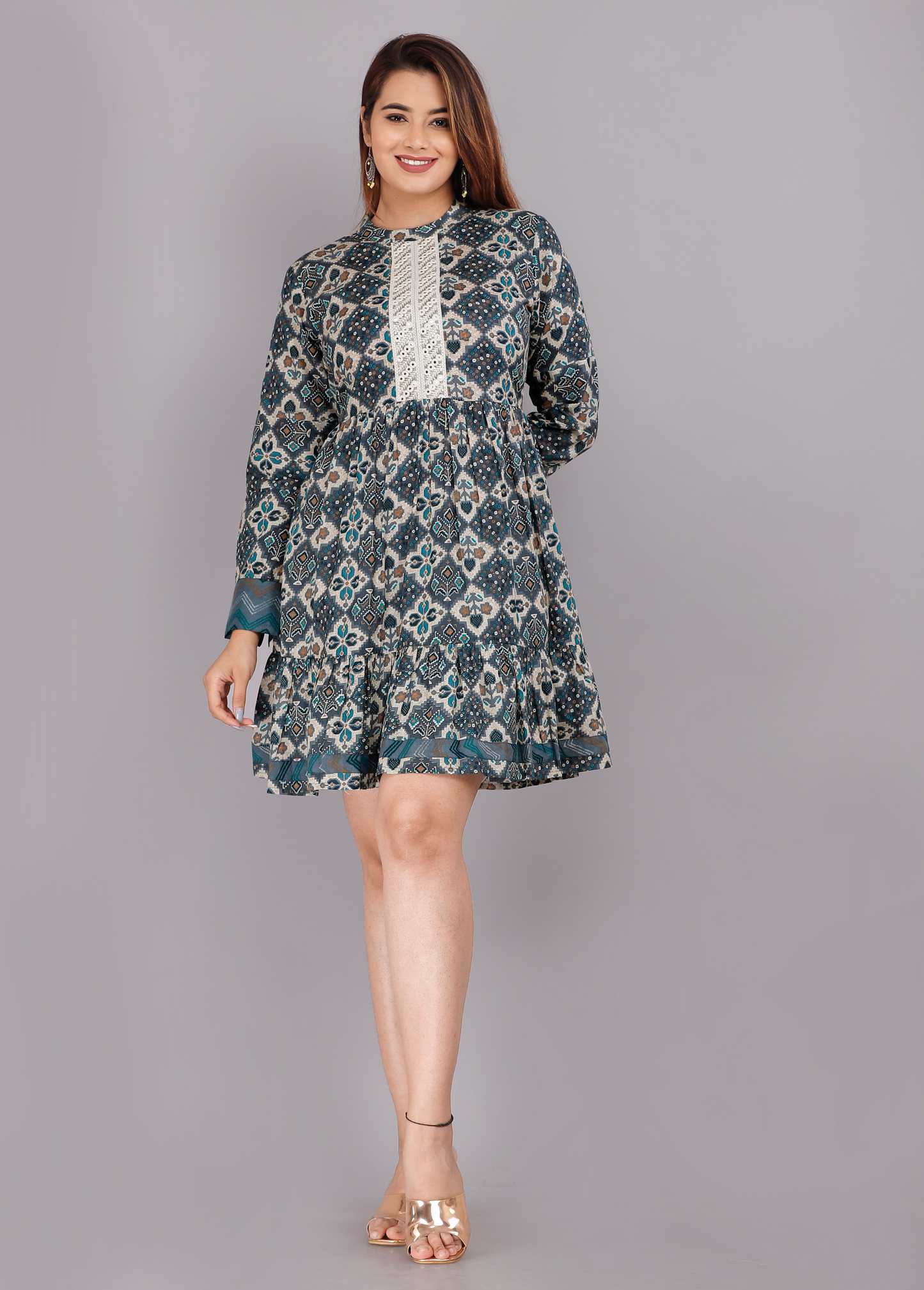 Cotton Turquoise Short Kurti Dress with Full Sleeves