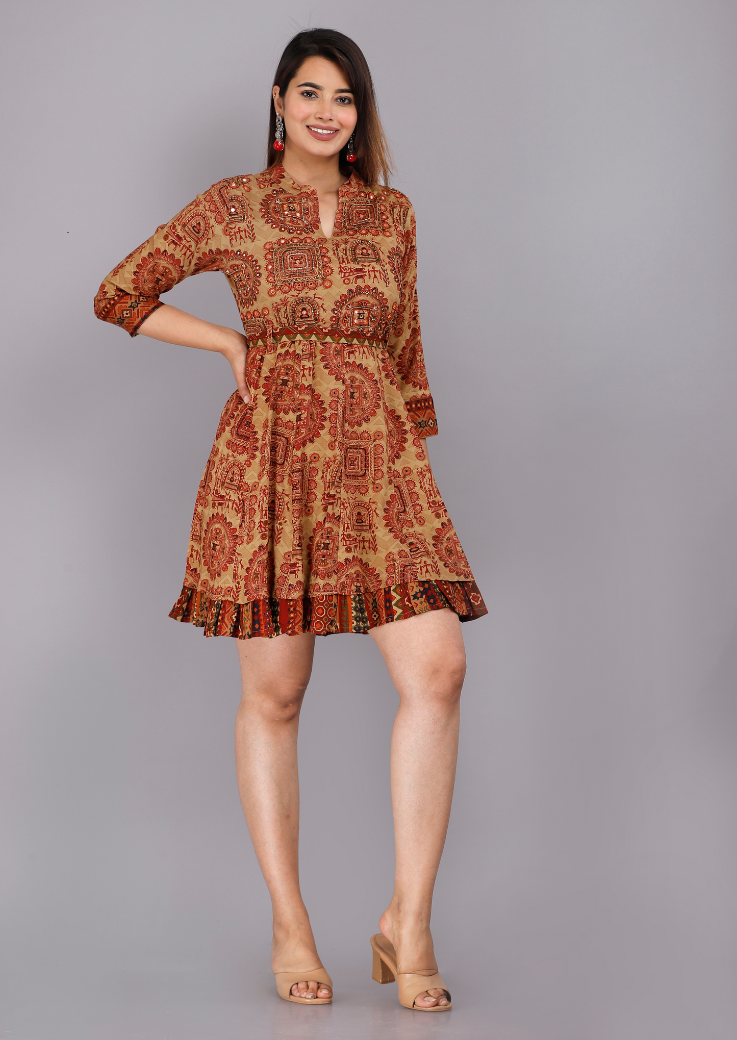 Maroon Cotton Kurti Dress with Full Sleeves & Delicate Work