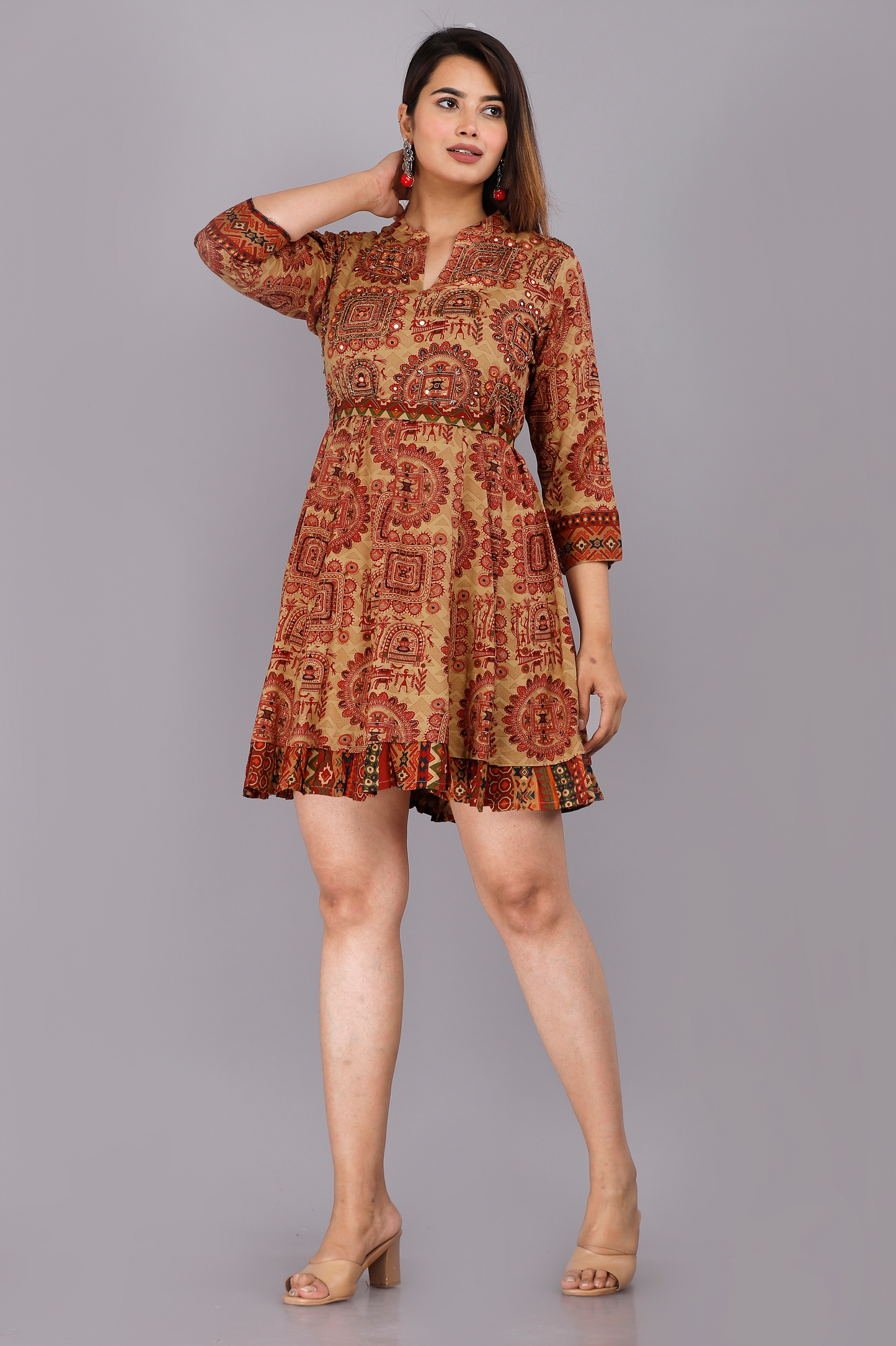 Maroon Cotton Kurti Dress with Full Sleeves & Delicate Work