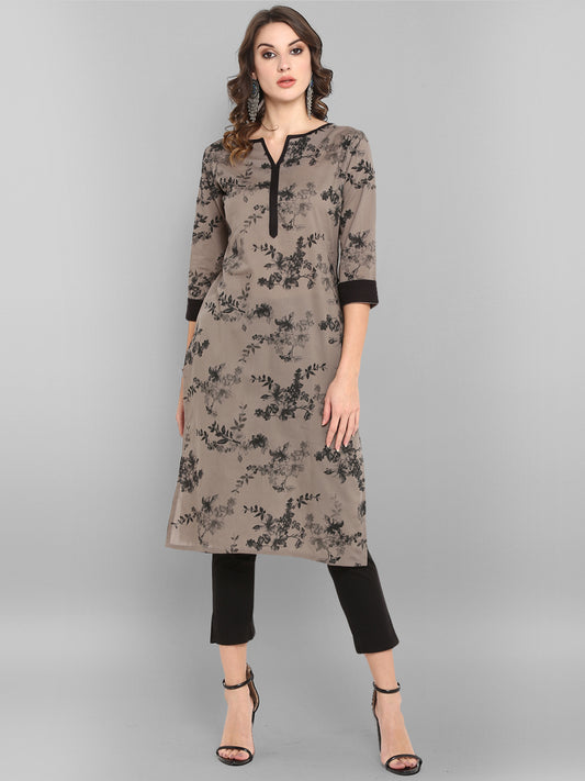 Cotton Taupe Floral Print Kurta