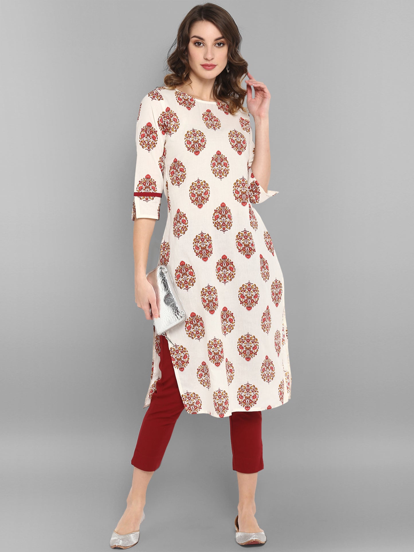 White Cotton Floral Blockprint Kurta