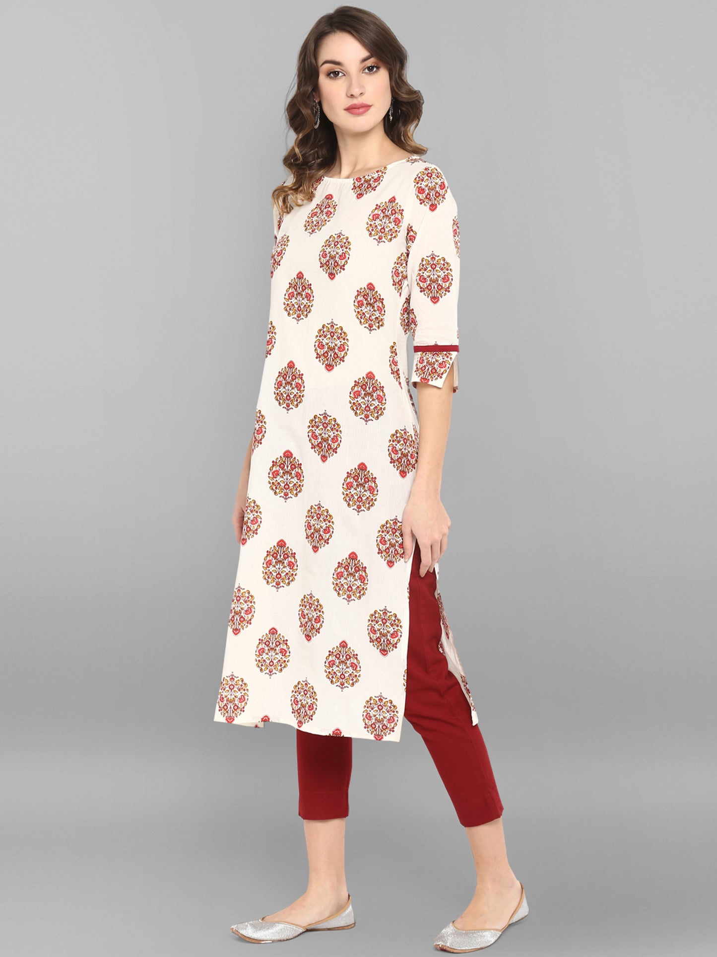 White Cotton Floral Blockprint Kurta