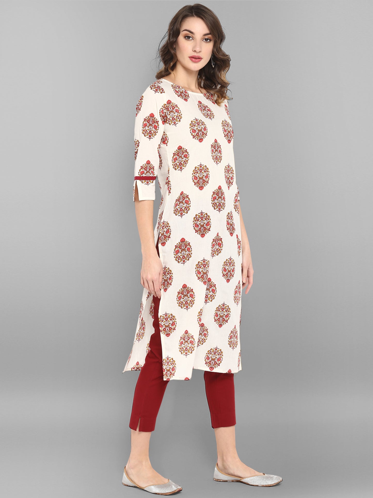 White Cotton Floral Blockprint Kurta