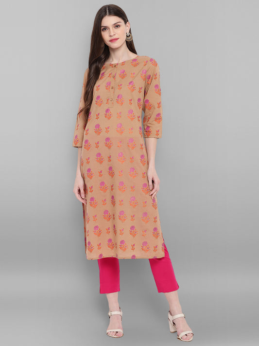 Floral Print Brown Straight Kurta