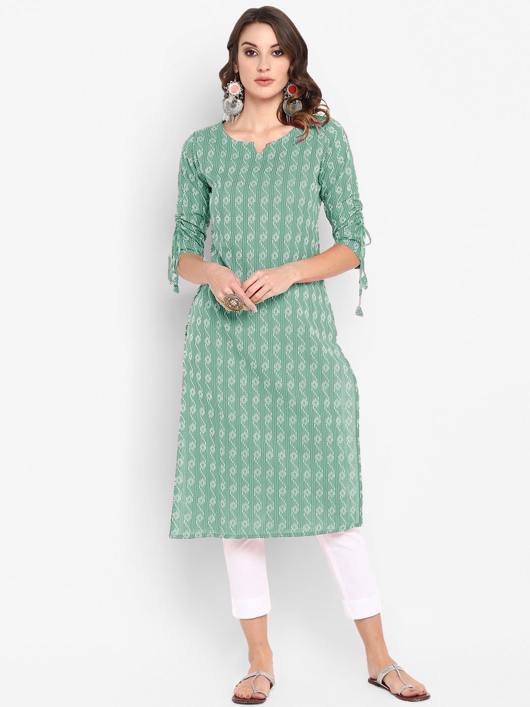 Cotton Green Woven Design Straight Kurta