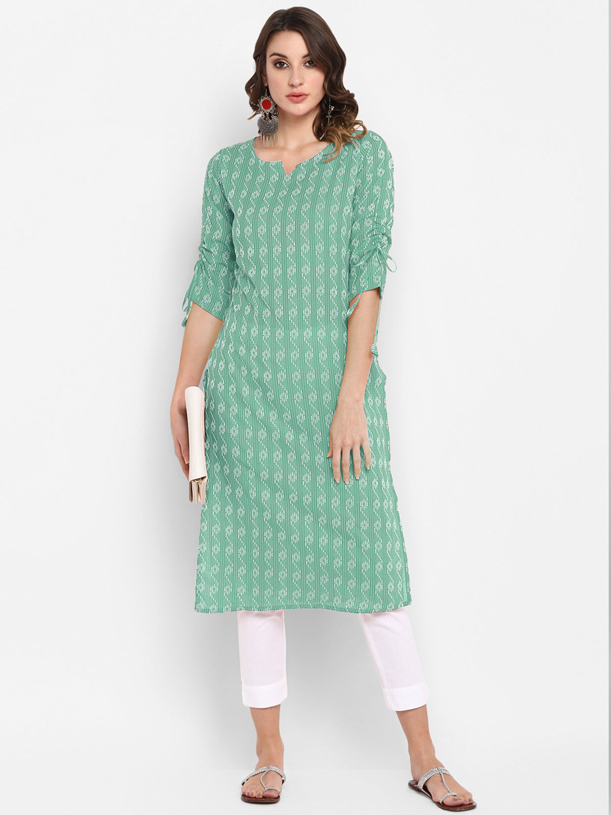 Cotton Green Woven Design Straight Kurta