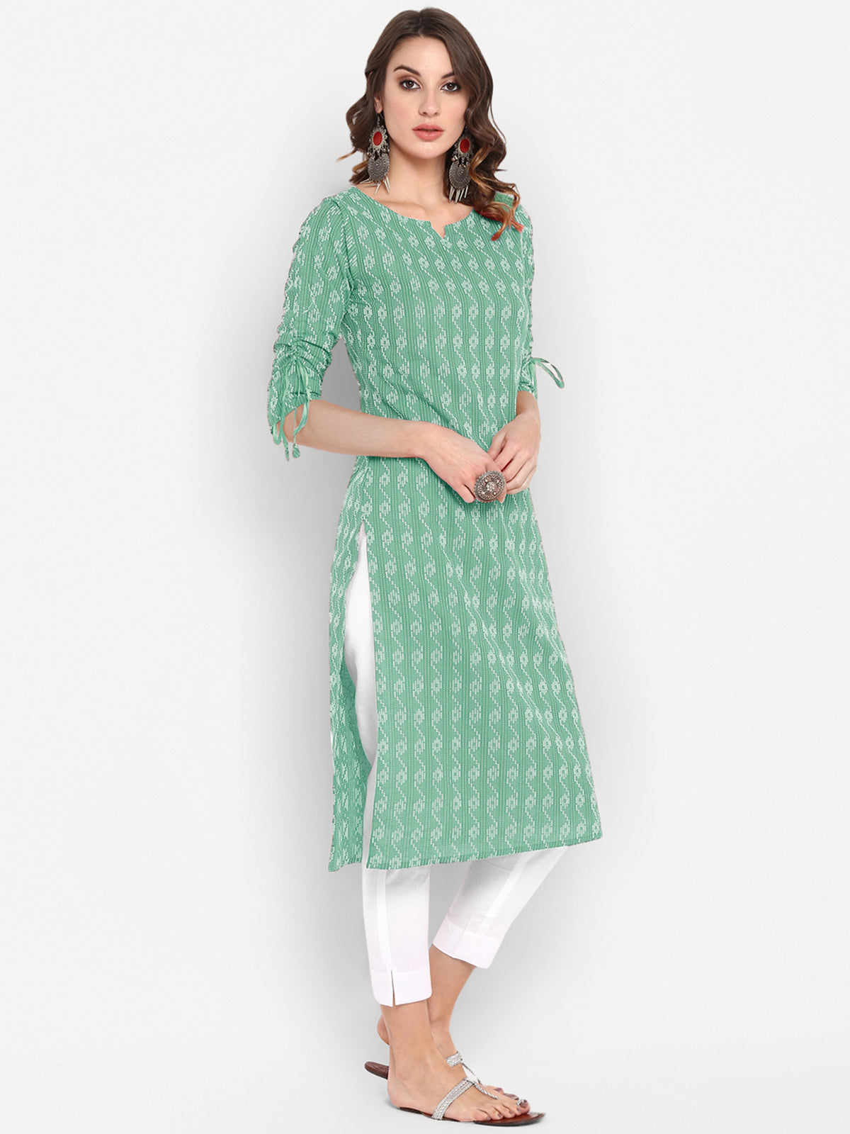 Cotton Green Woven Design Straight Kurta