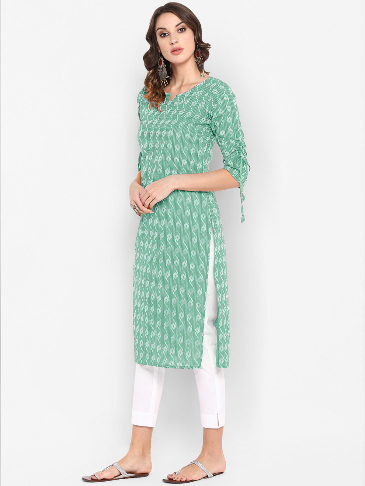 Cotton Green Woven Design Straight Kurta