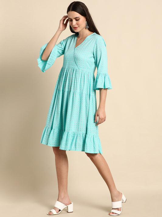 Turquoise Rayon Flared Western Dress