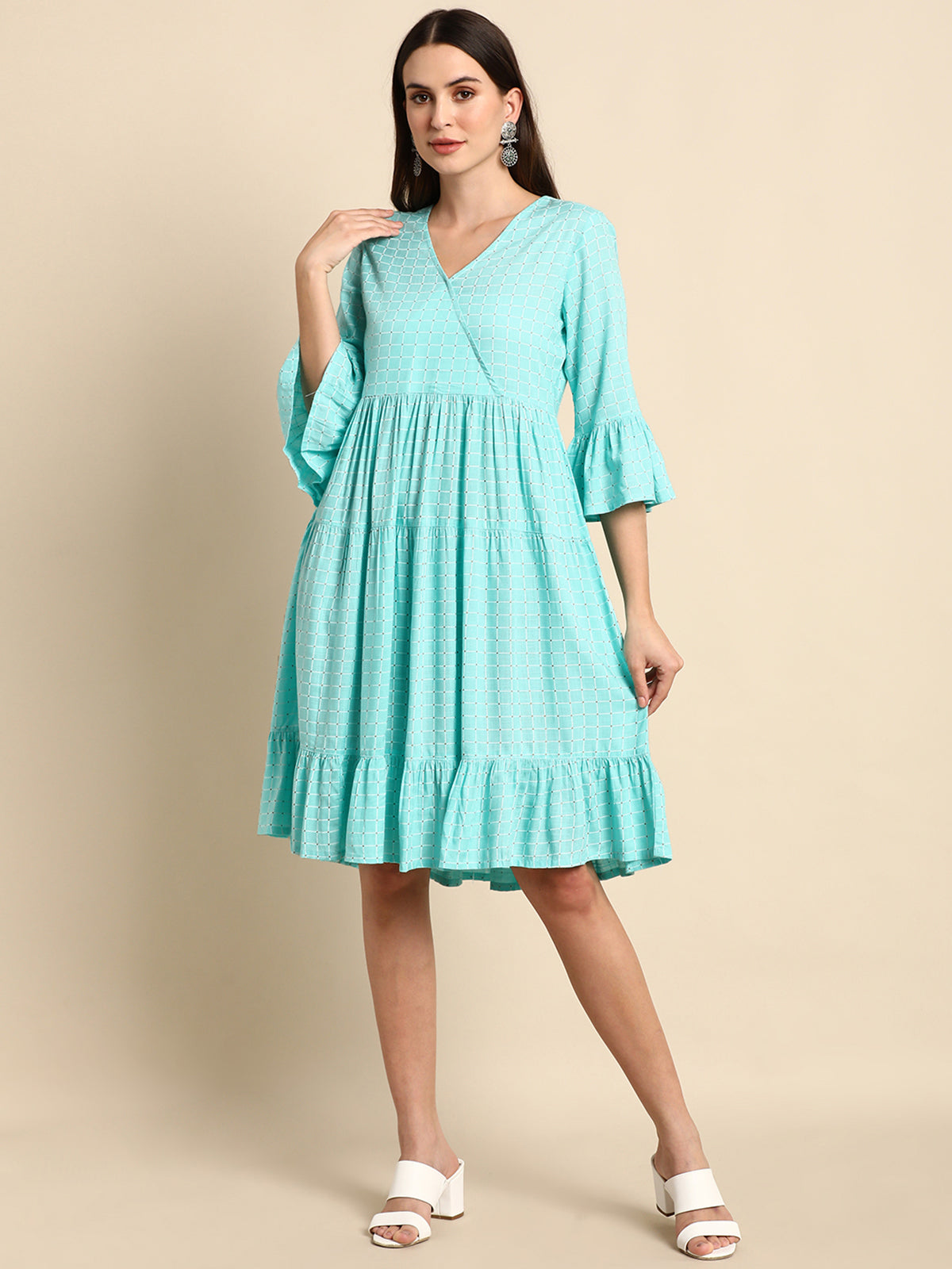 Turquoise Rayon Flared Western Dress