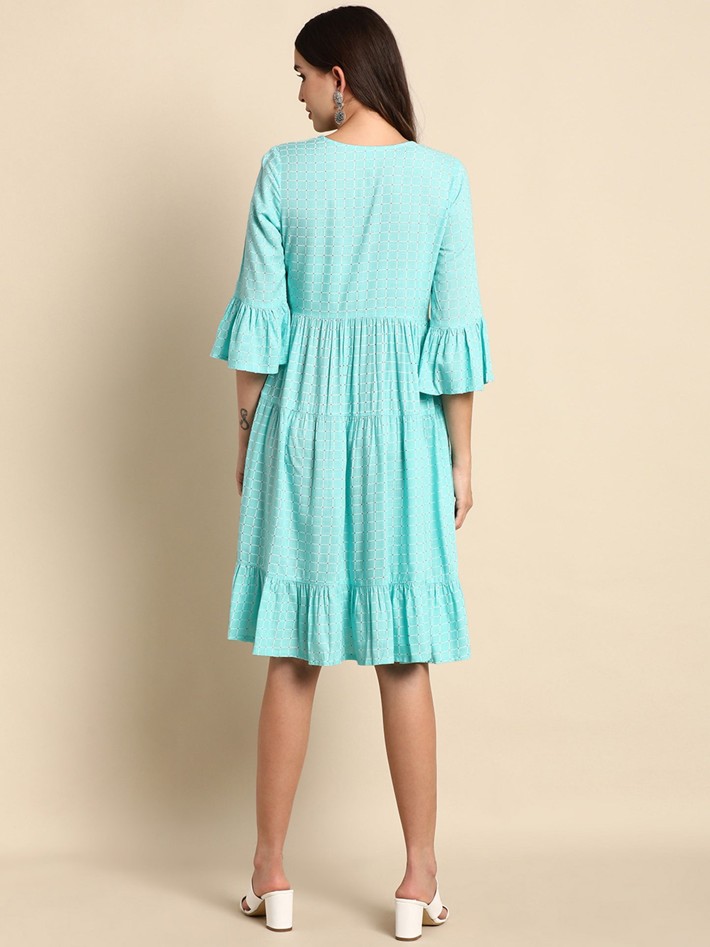 Turquoise Rayon Flared Western Dress