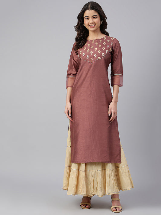 Brown Poly Silk Foil Print Straight Kurta