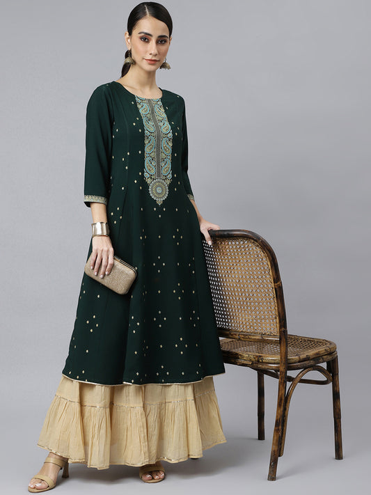 Stunning Green Foil Print Crepe Kurta: Shine Bright