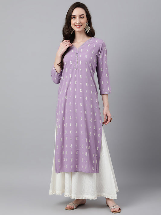 Lavender Foil Print Straight Kurta