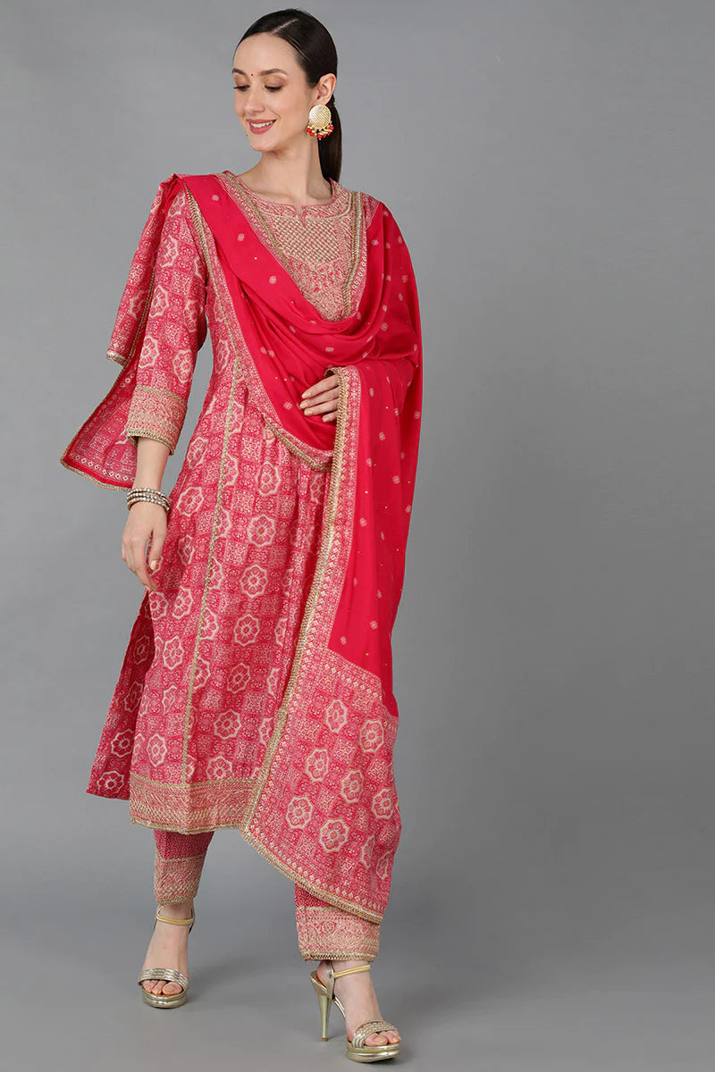 Pink Kurta Pant With Dupatta Set – Silk Blend with Yoke Design